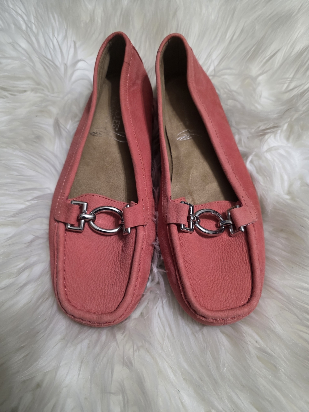AEROSOLES Coral Pink Leather Slip-On Loafers with Silver Hardware